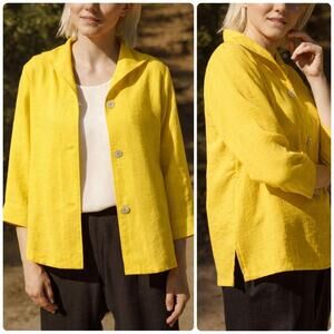 FriDaze 100% Linen Yellow Lagenlook Jacket Women Size 1 Boho Button Front